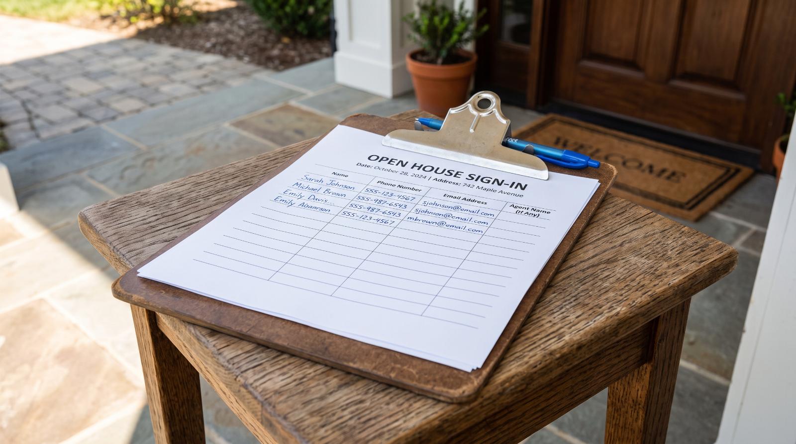 close-up photograph of a clipboard sign-in sheet resting on a small table at an open house entrance