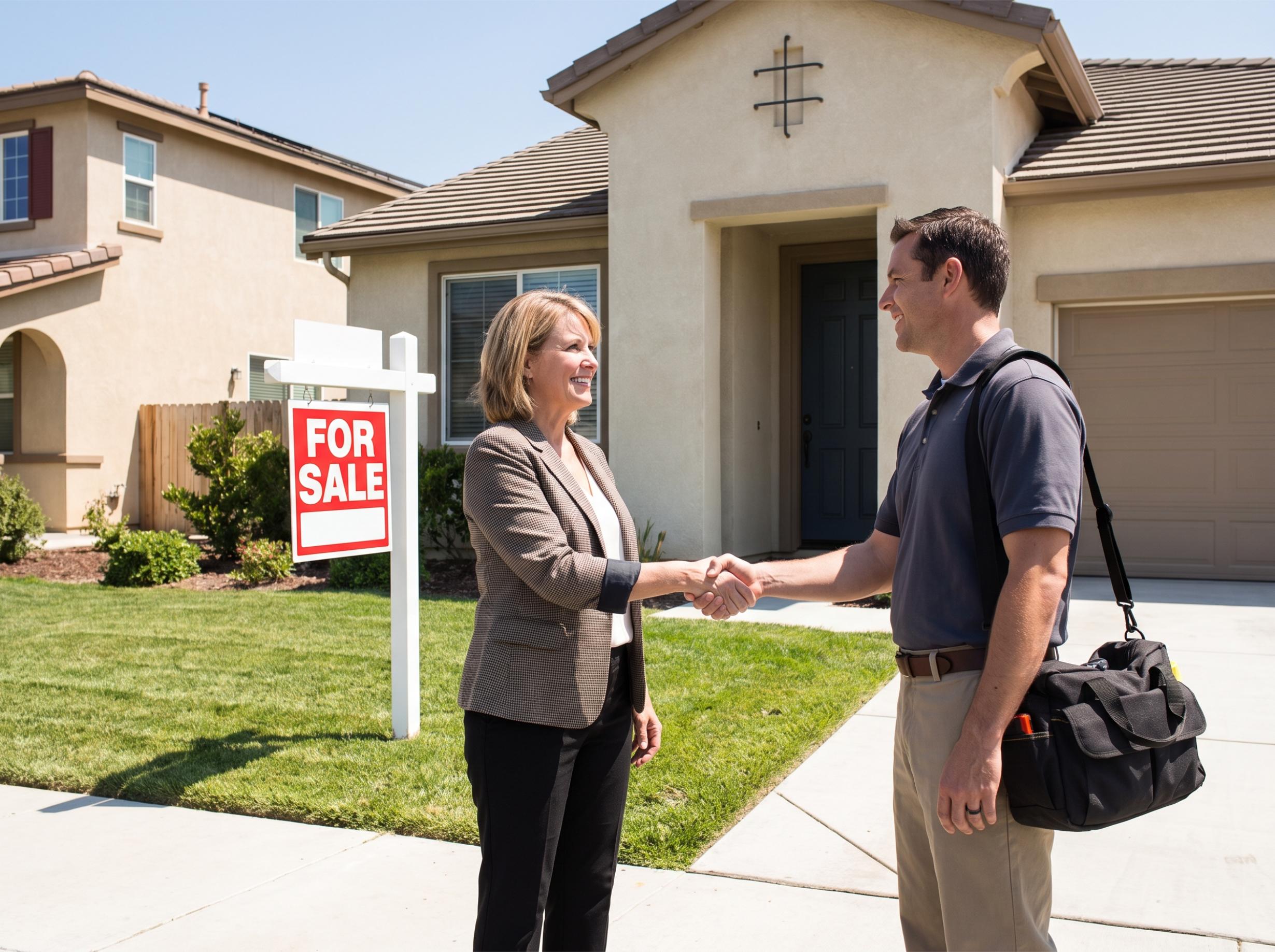 A real estate agent greeting a home inspector at a suburban California front door