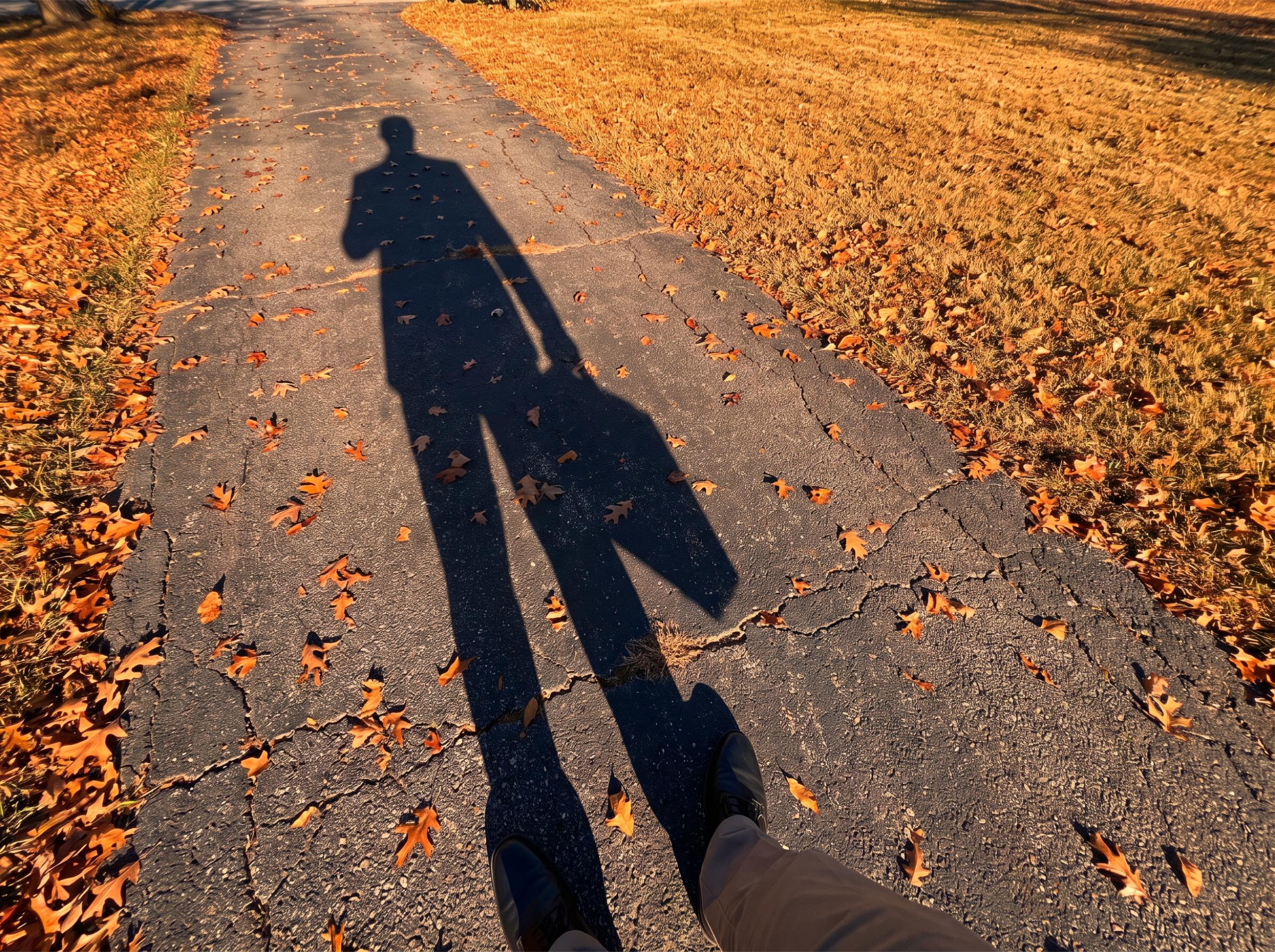 A real estate agent's shadow stretched long across a driveway in late afternoon autumn light