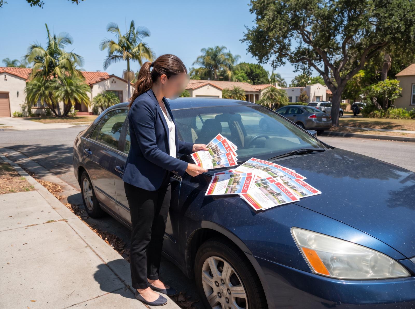 A real estate agent fanning printed listing flyers across a car hood in bright daylight.