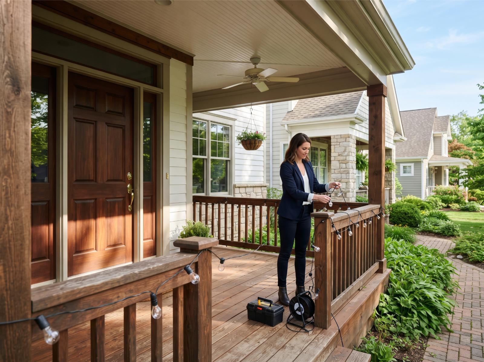 An agent adjusting string lights along a porch railing in bright daylight before a listing shoot