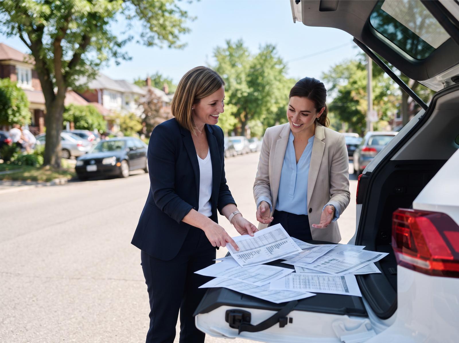 Two real estate agents comparing printed market comps spread across a car hood