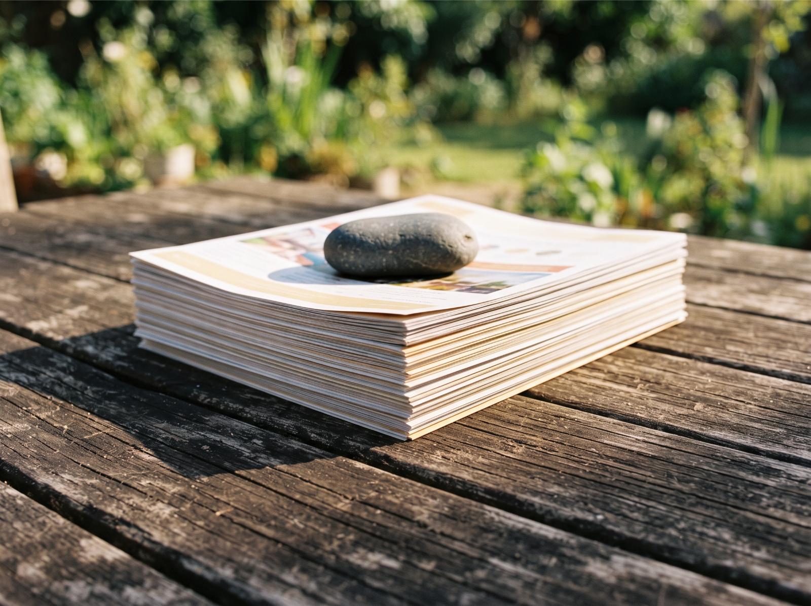 A stack of real estate listing flyers held down by a small stone on an outdoor table