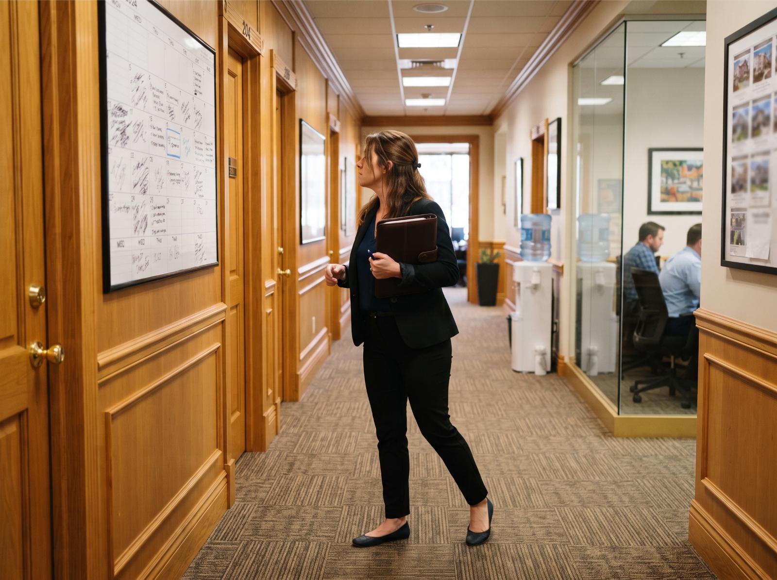 A real estate agent checking a wall calendar in an office hallway mid-stride