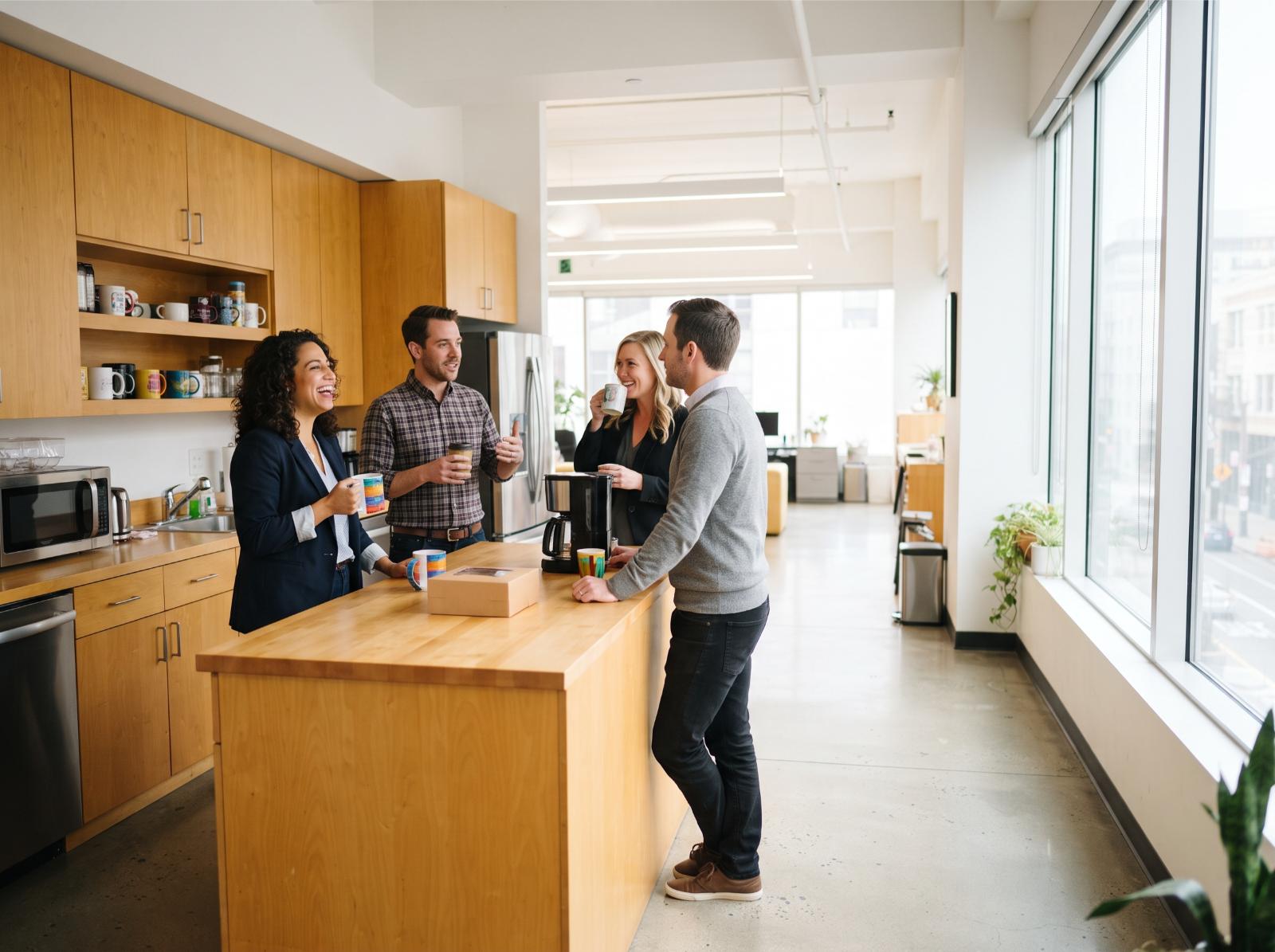 A team of real estate agents gathered around a counter in an office kitchen before a morning meeting