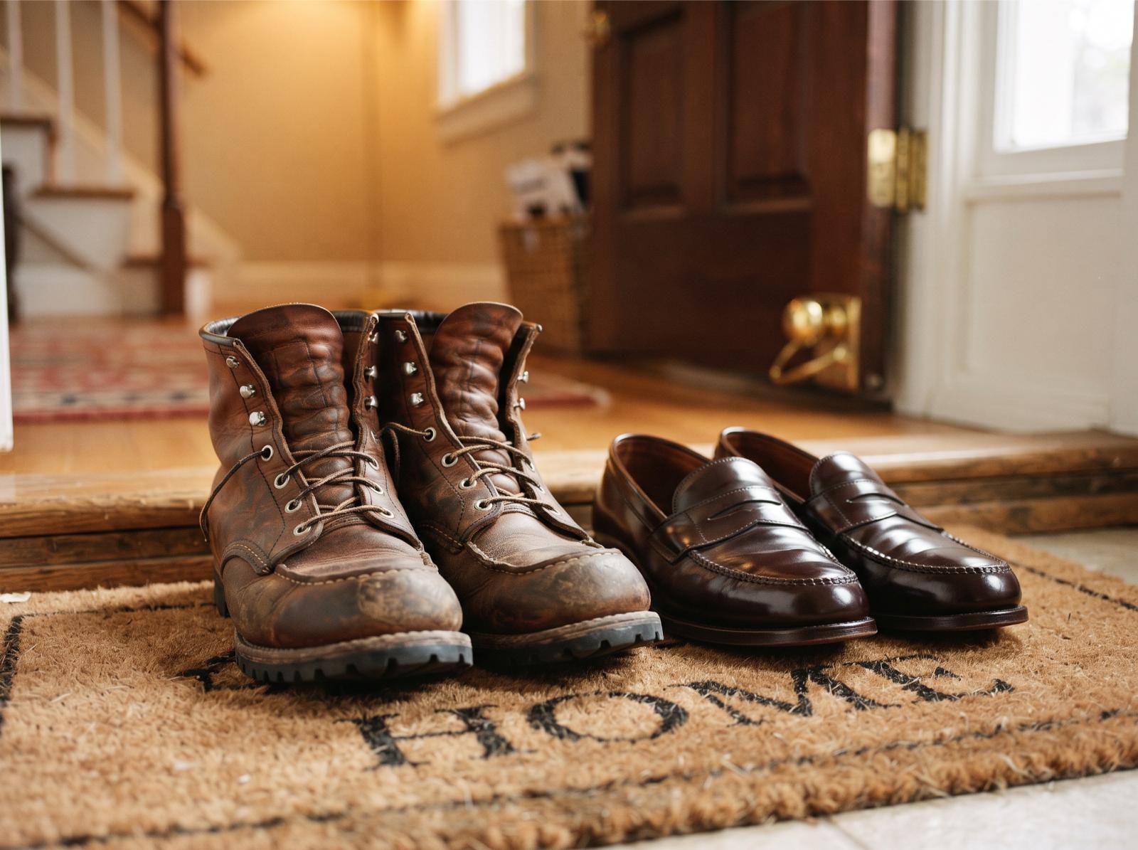a pair of worn leather work boots next to a pair of polished loafers by a front door