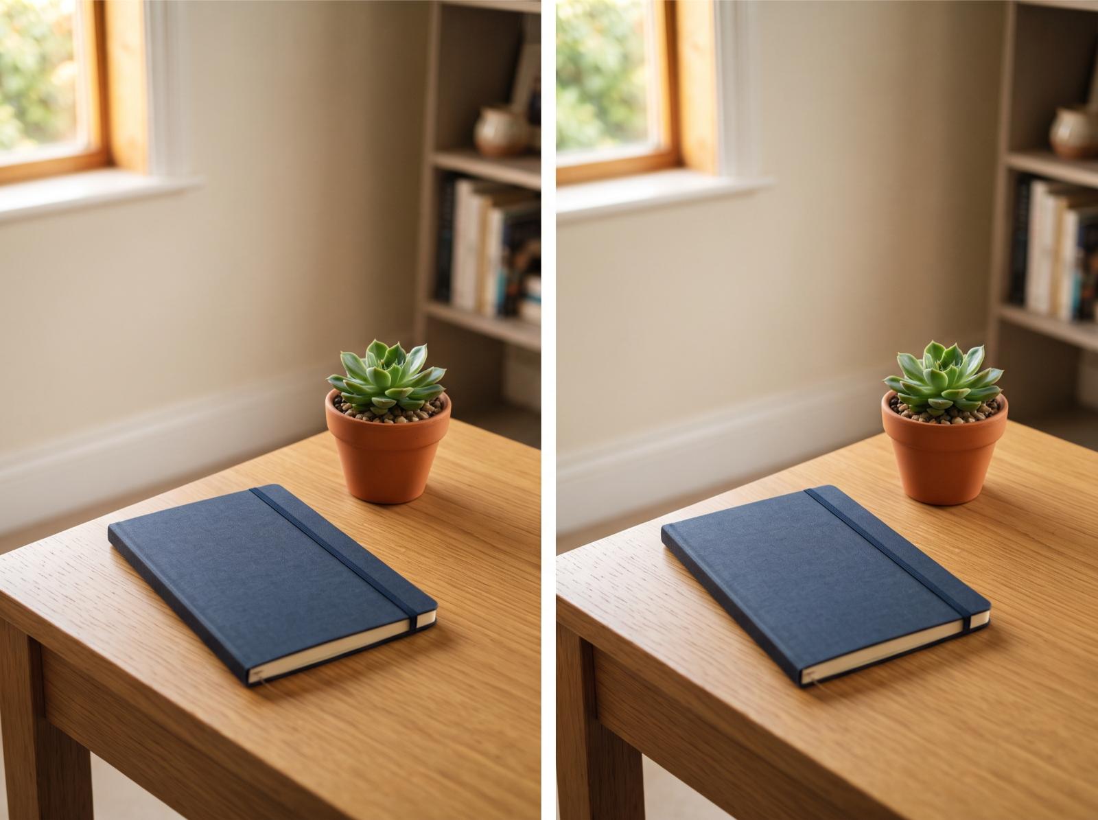 two identical small office desk corners shown side by side, each with a single closed notebook