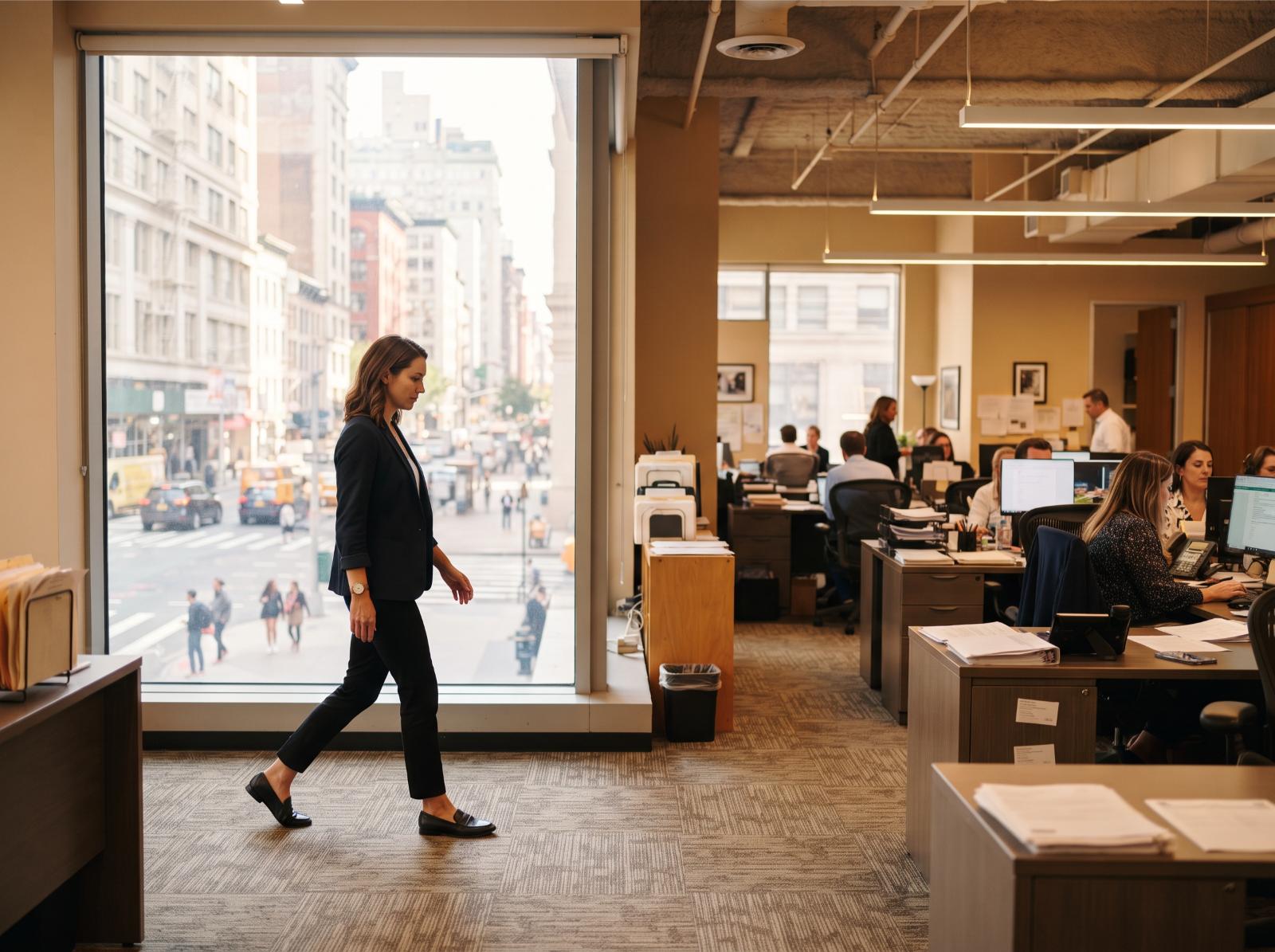 a real estate agent pacing near an office window, small in frame against the room