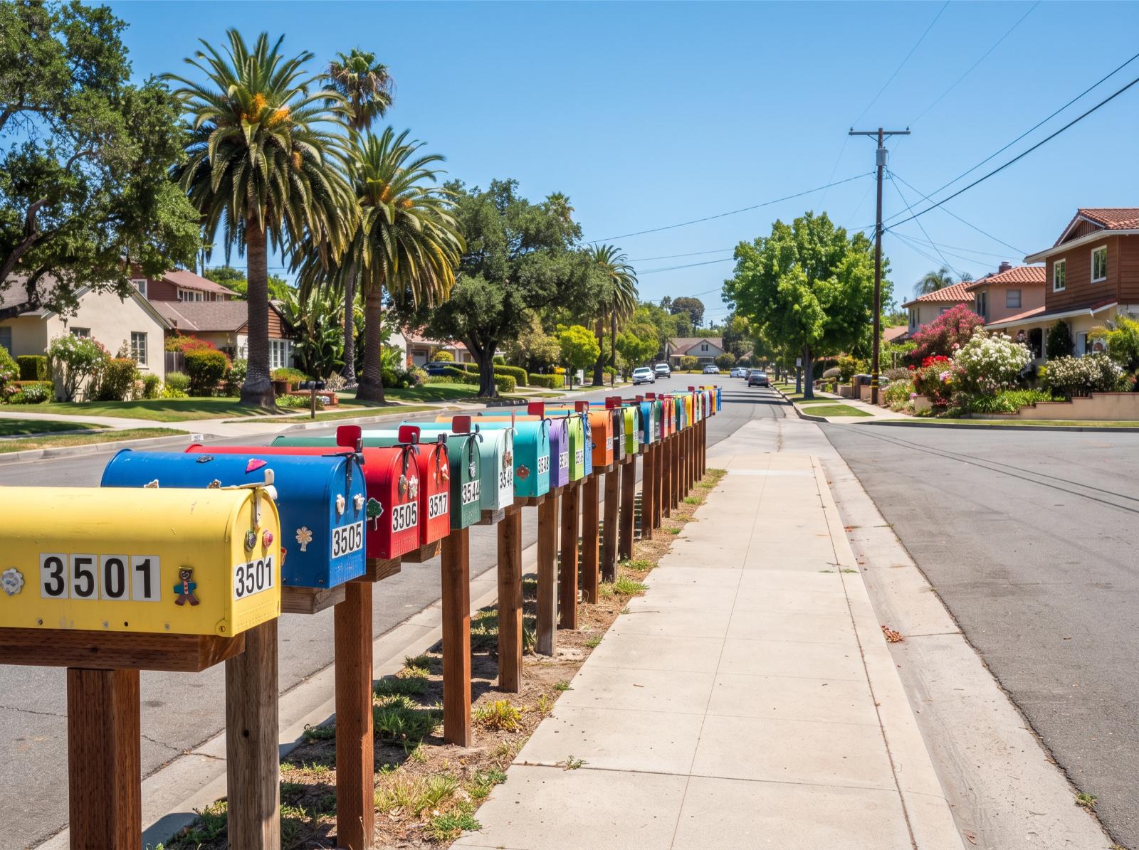 a row of colorful mailboxes on a sunlit suburban California street