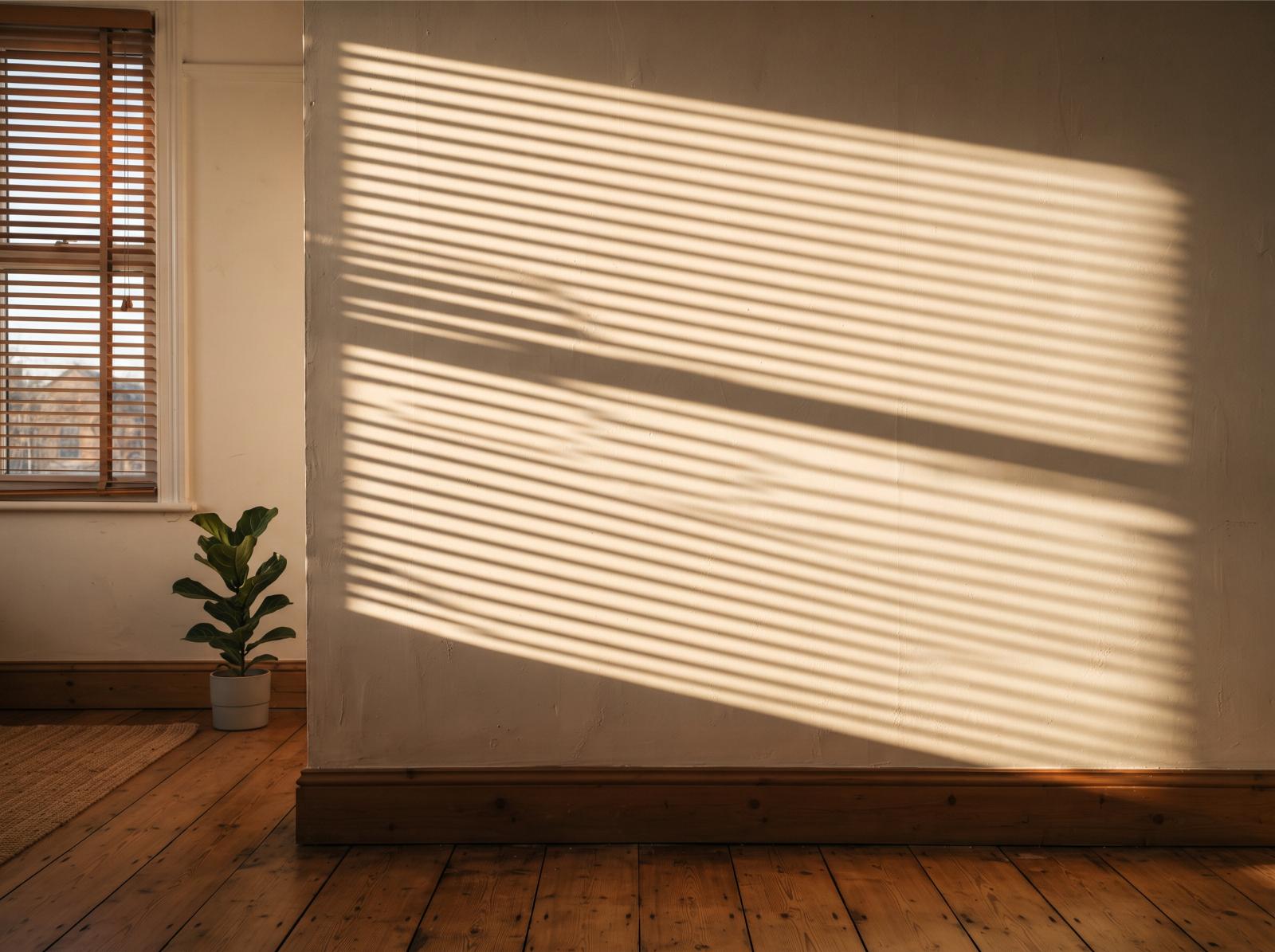 Window blinds casting a striped shadow pattern across a plain interior wall