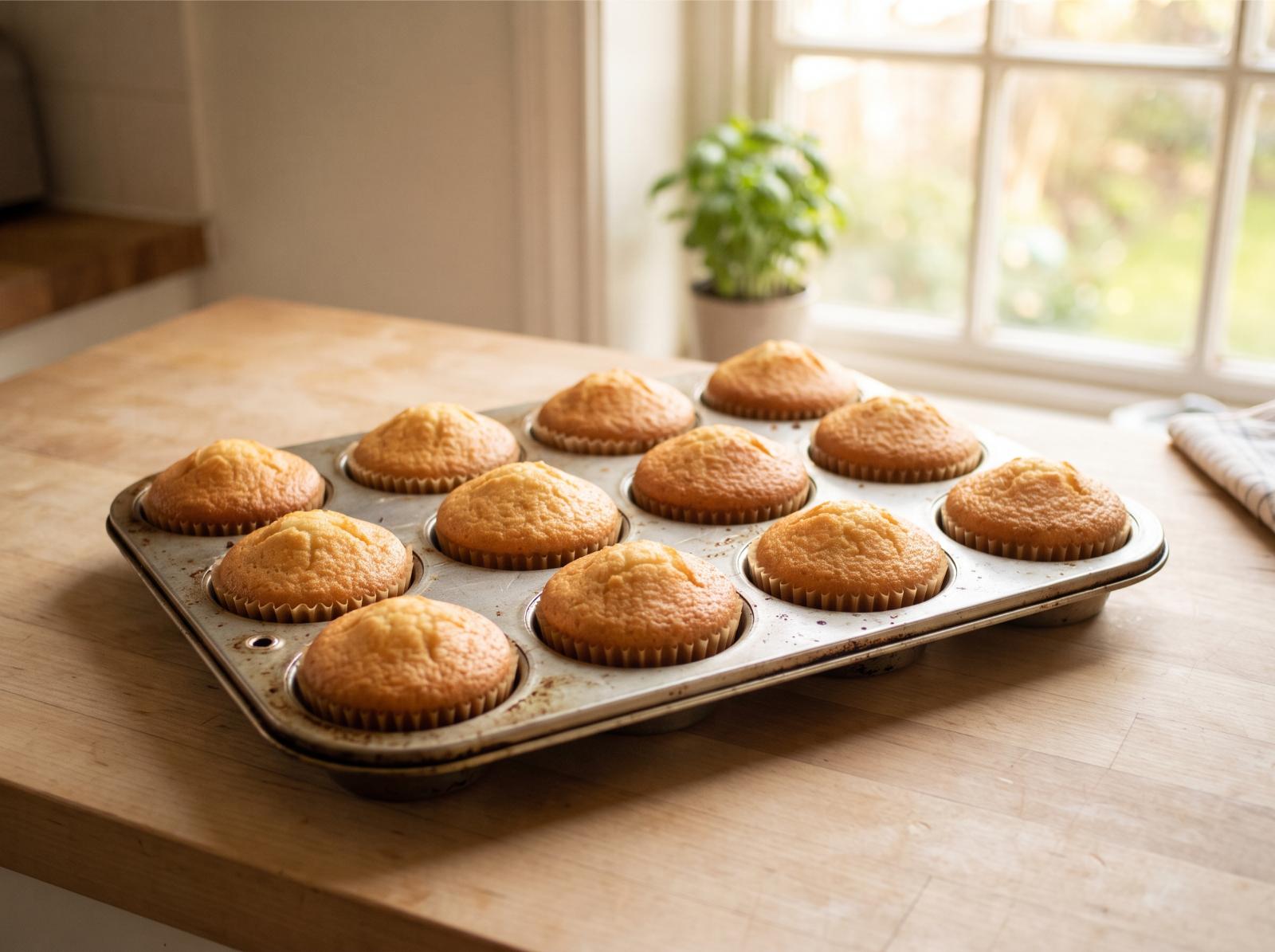 A muffin tin of identically sized muffins fresh out of the oven on a kitchen counter