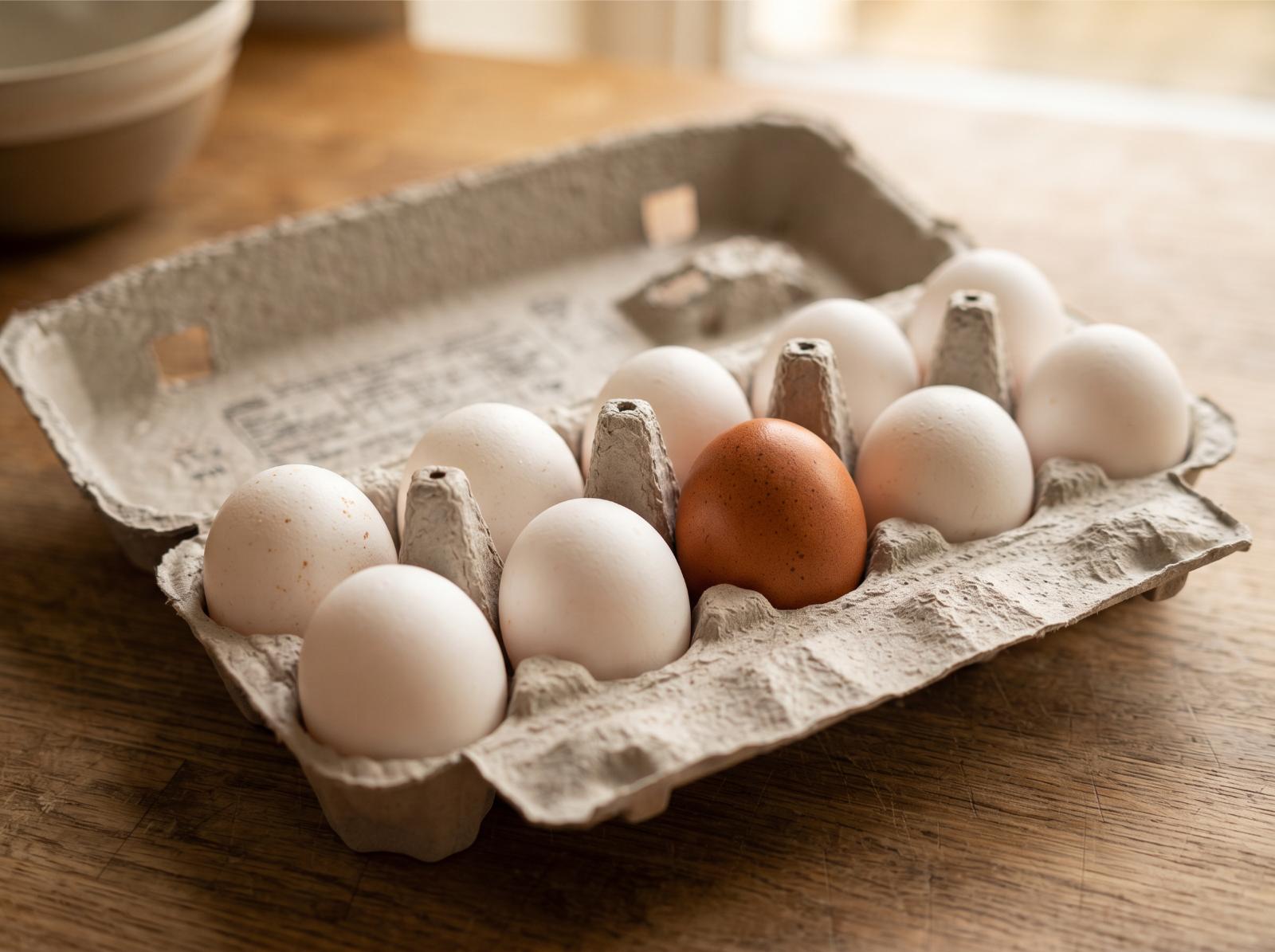 An egg carton holding a dozen white eggs with one brown egg standing out among them