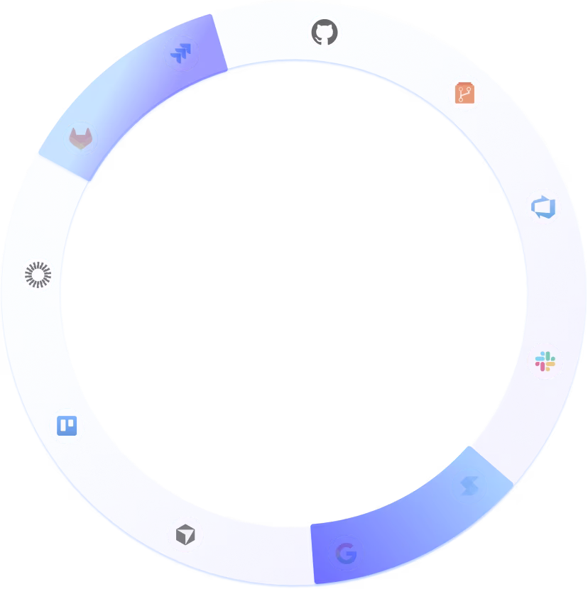 graphic with all integrations including, github, jira, trello, slack, google workspaces, sentry, bitbutcket, prisma...