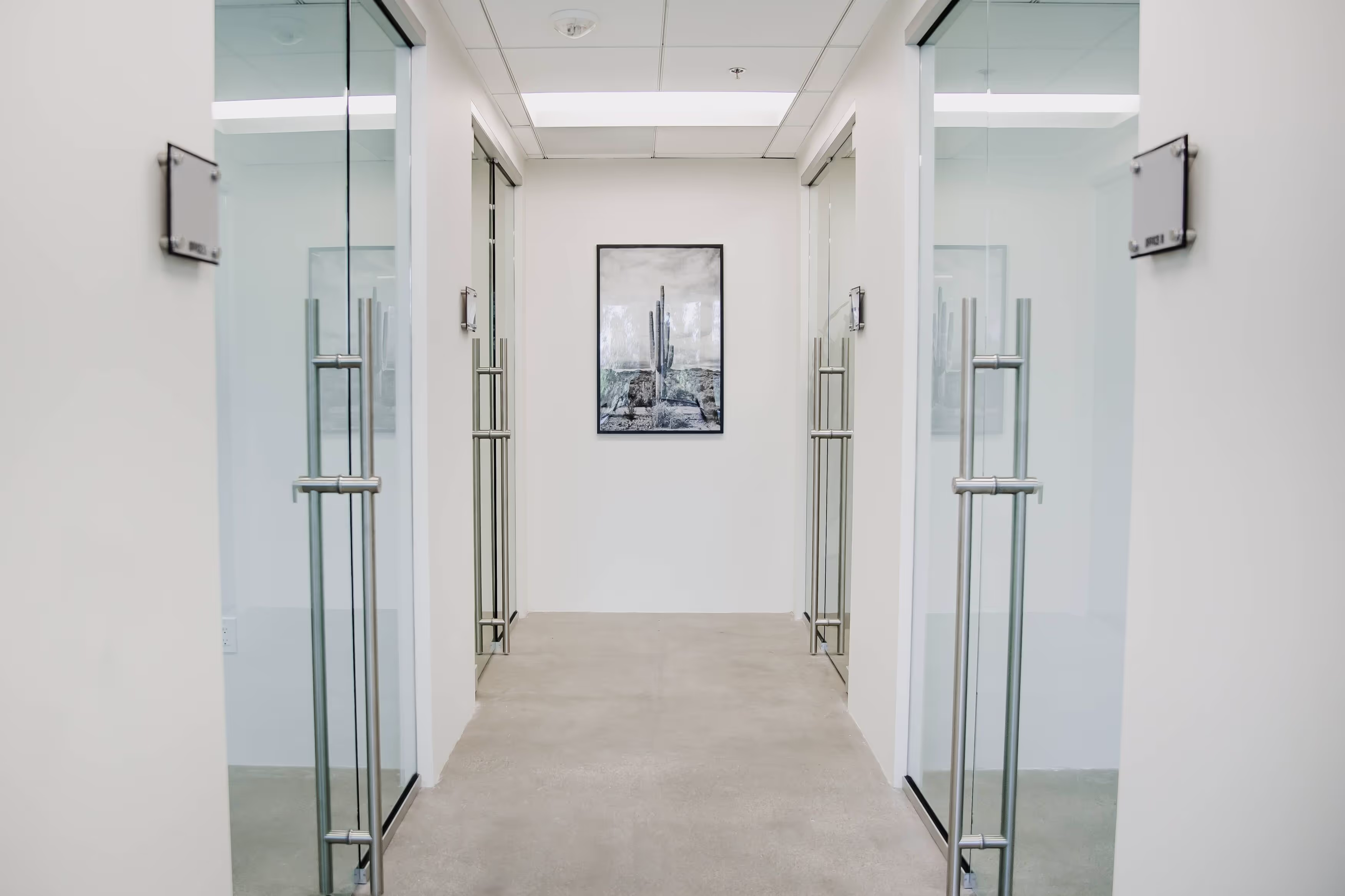 Hallway with glass office doors