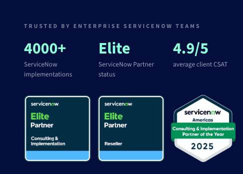 Crossfuze ServiceNow trust metrics showing 4000+ implementations, Elite Partner status, 4.9/5 average client CSAT, and ServiceNow Americas Consulting and Implementation Partner of the Year 2025 badge.