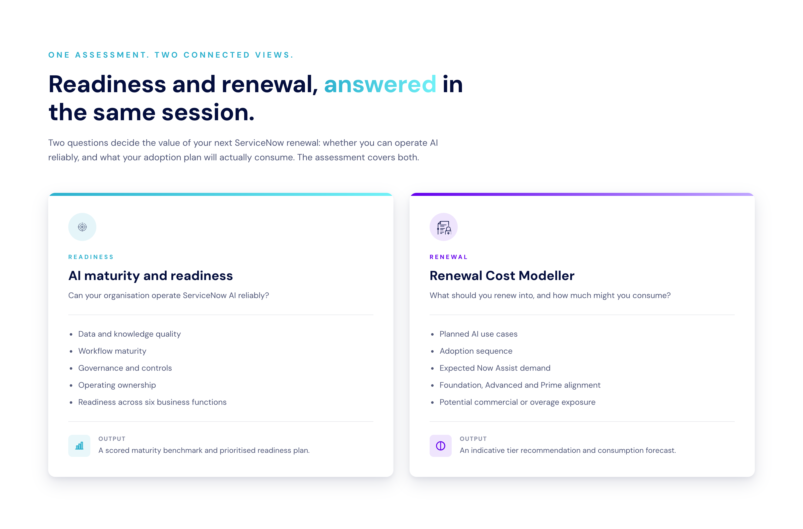 Crossfuze ServiceNow AI Readiness Assessment: two connected views — AI maturity and readiness scoring, and a Renewal Cost Modeller forecasting Now Assist consumption and licence tier."