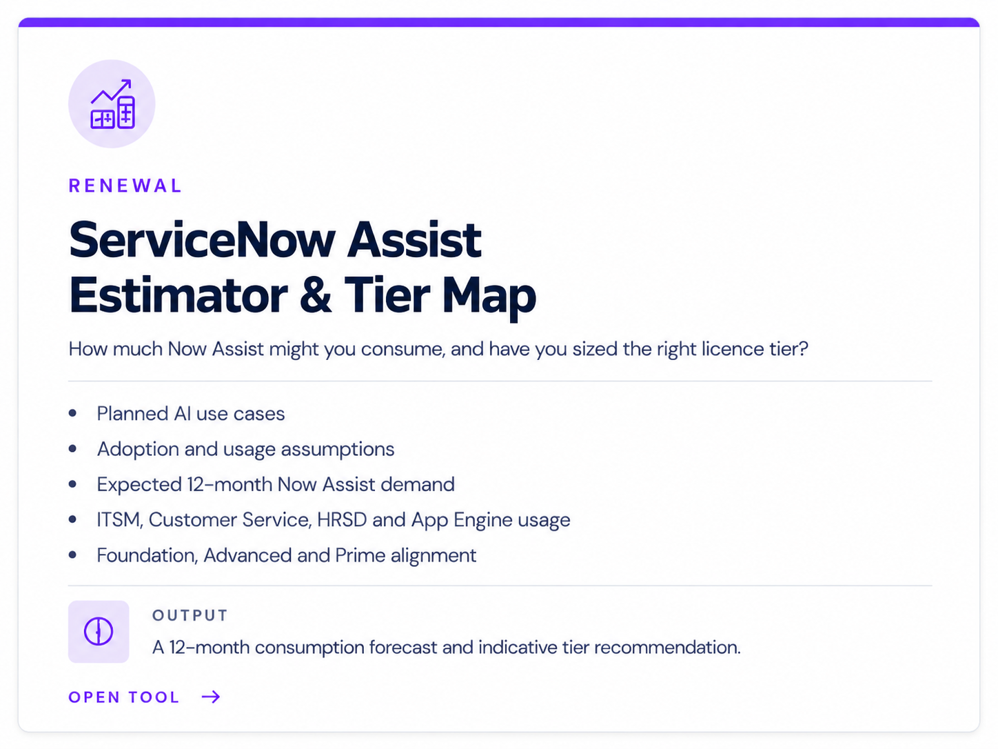 “ServiceNow Assist Estimator and Tier Map forecasting 12-month Now Assist consumption and ServiceNow tier alignment.”