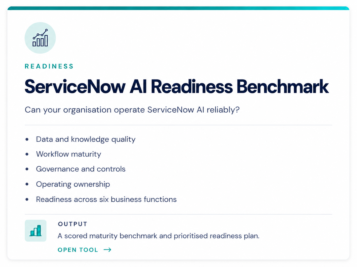 ServiceNow AI Readiness Benchmark scoring data, workflow, governance and operating readiness across six business functions.”