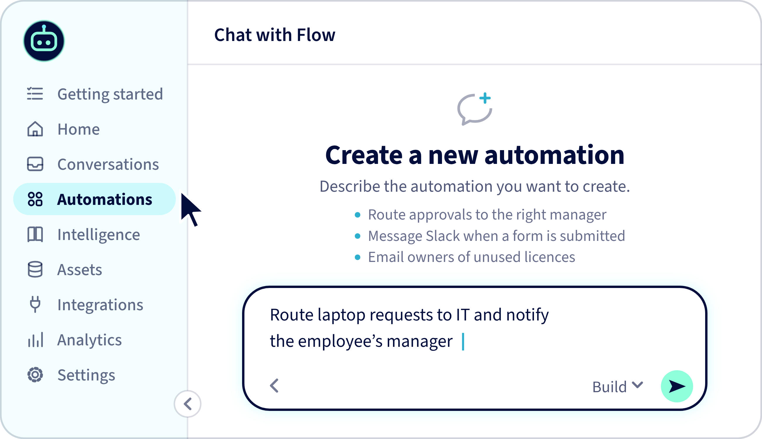 Flow by ServiceNow building an automation from chat: an employee asks to automate IT onboarding for new employee email and Okta access, and Flow initialises the automation, finds integrations, selects actions and saves it.
