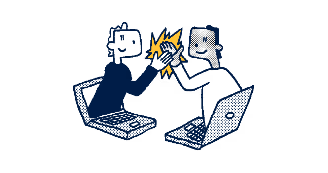 illustration of two employees giving high fives out of laptops