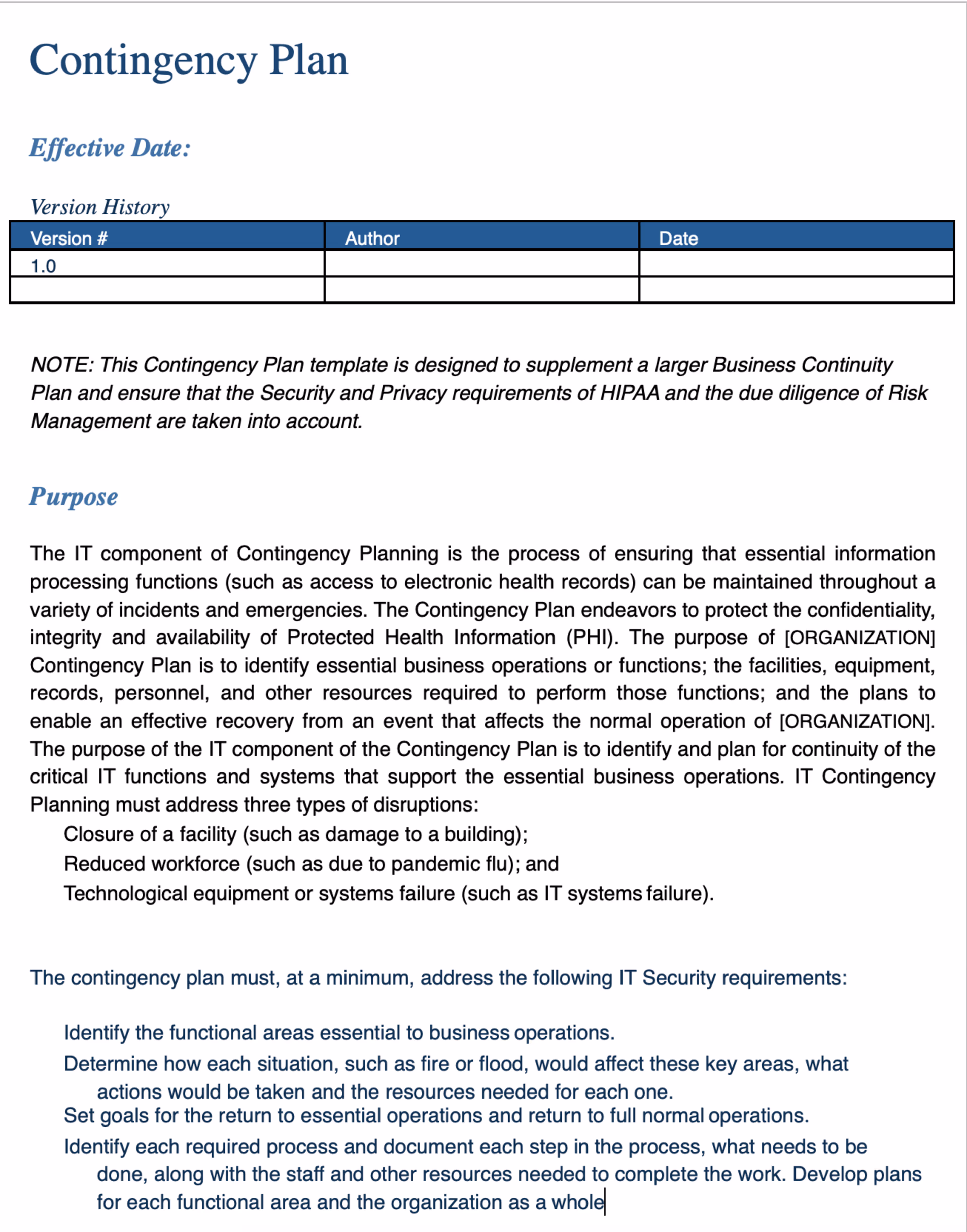 Business Contingency Plan Template