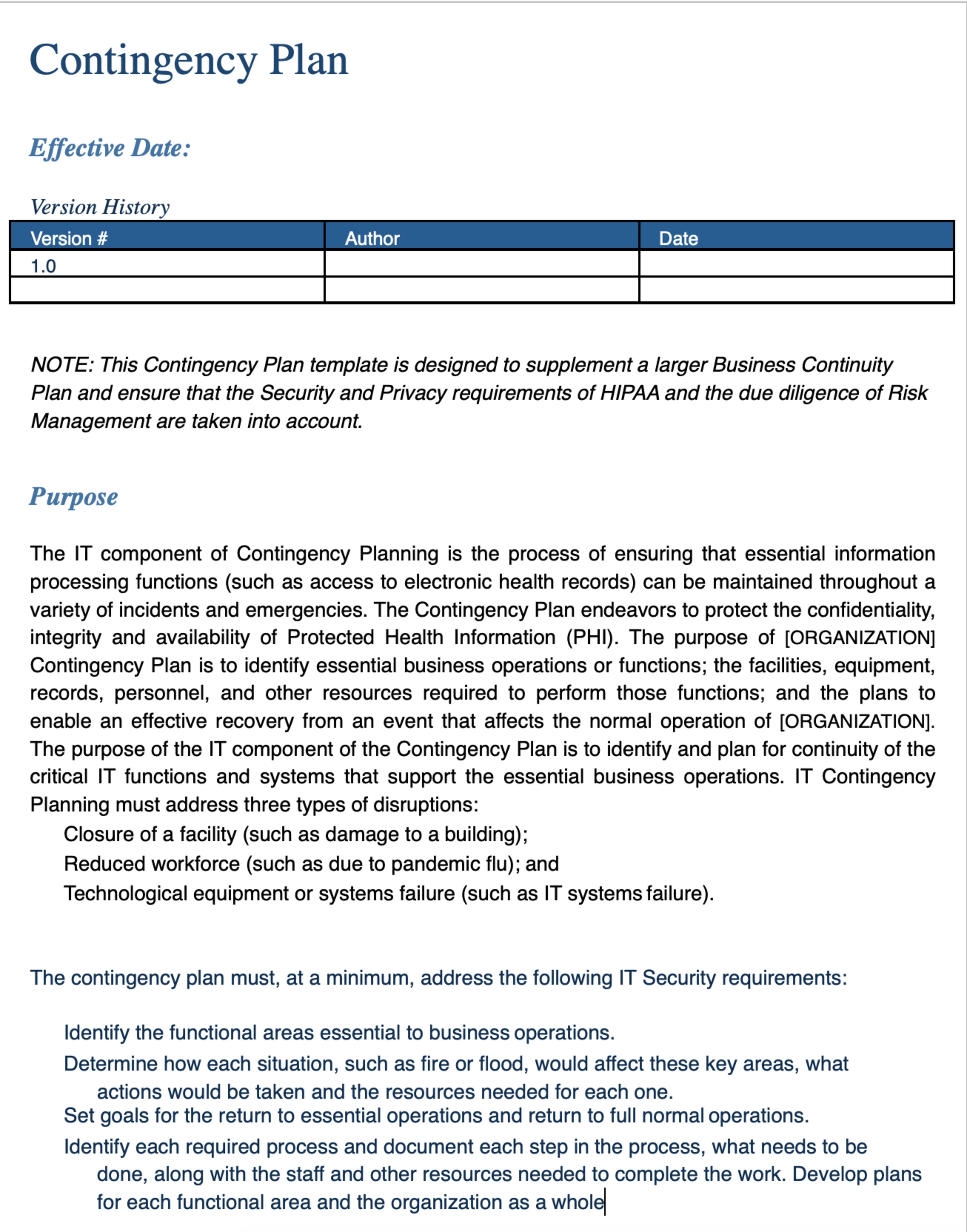 Business Contingency Plan Template