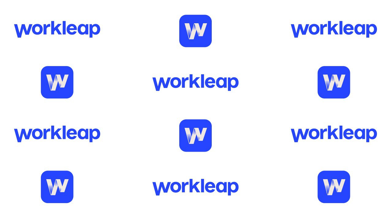 Pattern of 'workleap' text logos alternate with blue square icons featuring a white gradient stylized W on a white background.