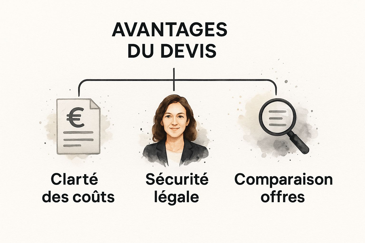 Infographie montrant les avantages d'un devis : clarté des coûts, sécurité légale, et comparaison des offres.