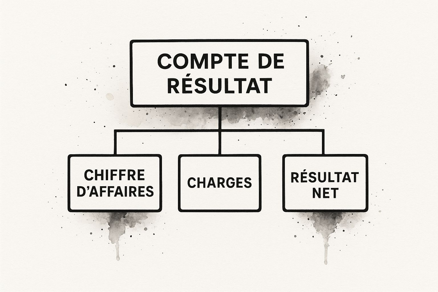 Infographie montrant la relation entre le Compte de résultat et ses trois composantes principales : Chiffre d'affaires, Charges, Résultat net.