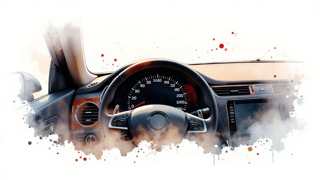 Personne calculant des frais sur un ordinateur portable, avec une voiture en arrière-plan