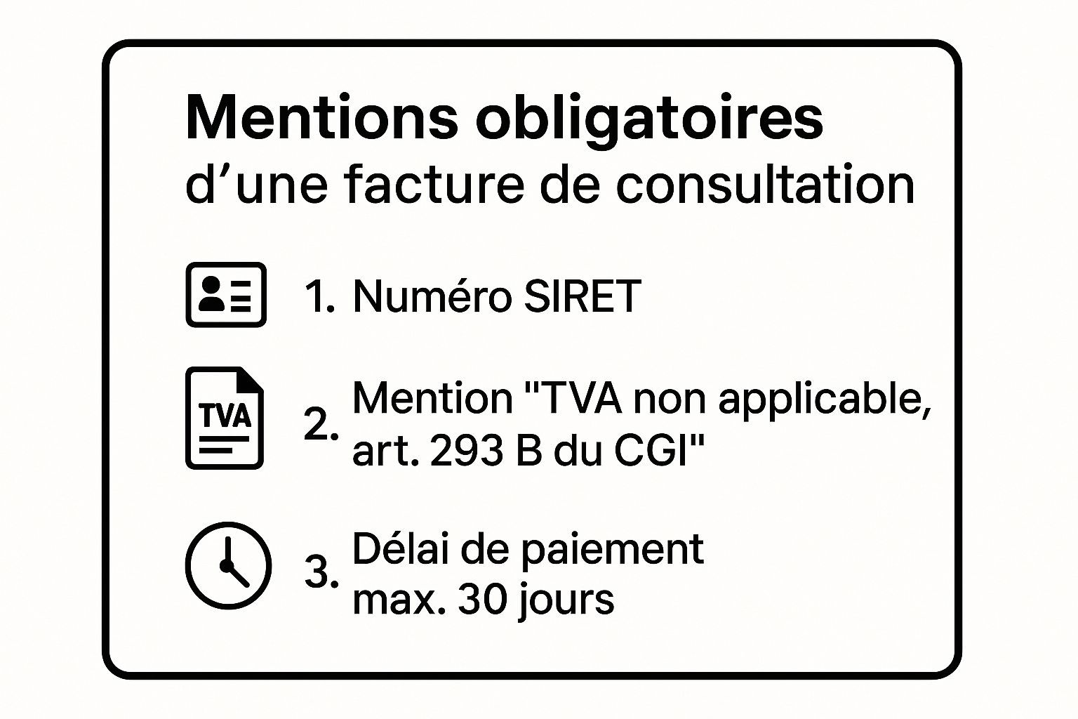 Infographie montrant les mentions obligatoires pour une facture de service de consultation