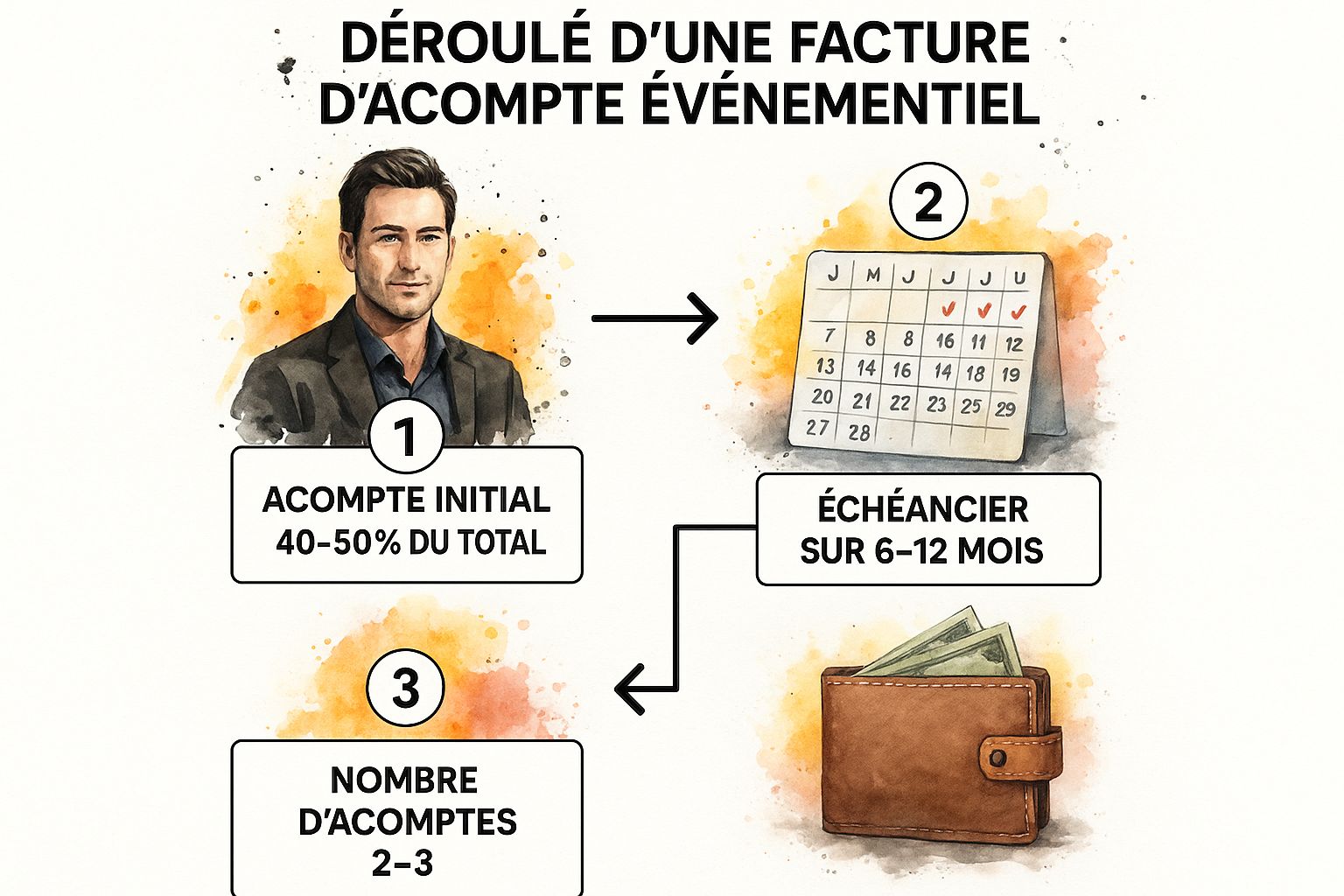 Infographic showing key data about Facture d'acompte événementiel - Wedding planner avec échéancier