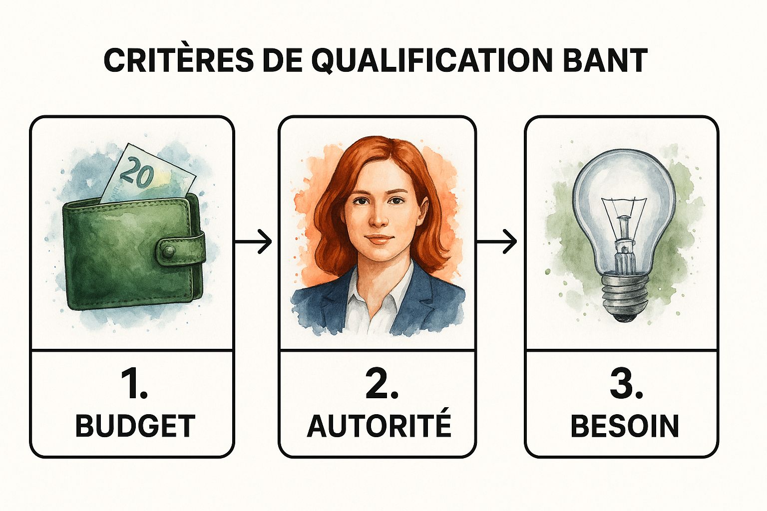 Infographic showing key data about Plan de Prospection BANT (Budget, Authority, Need, Timeline)