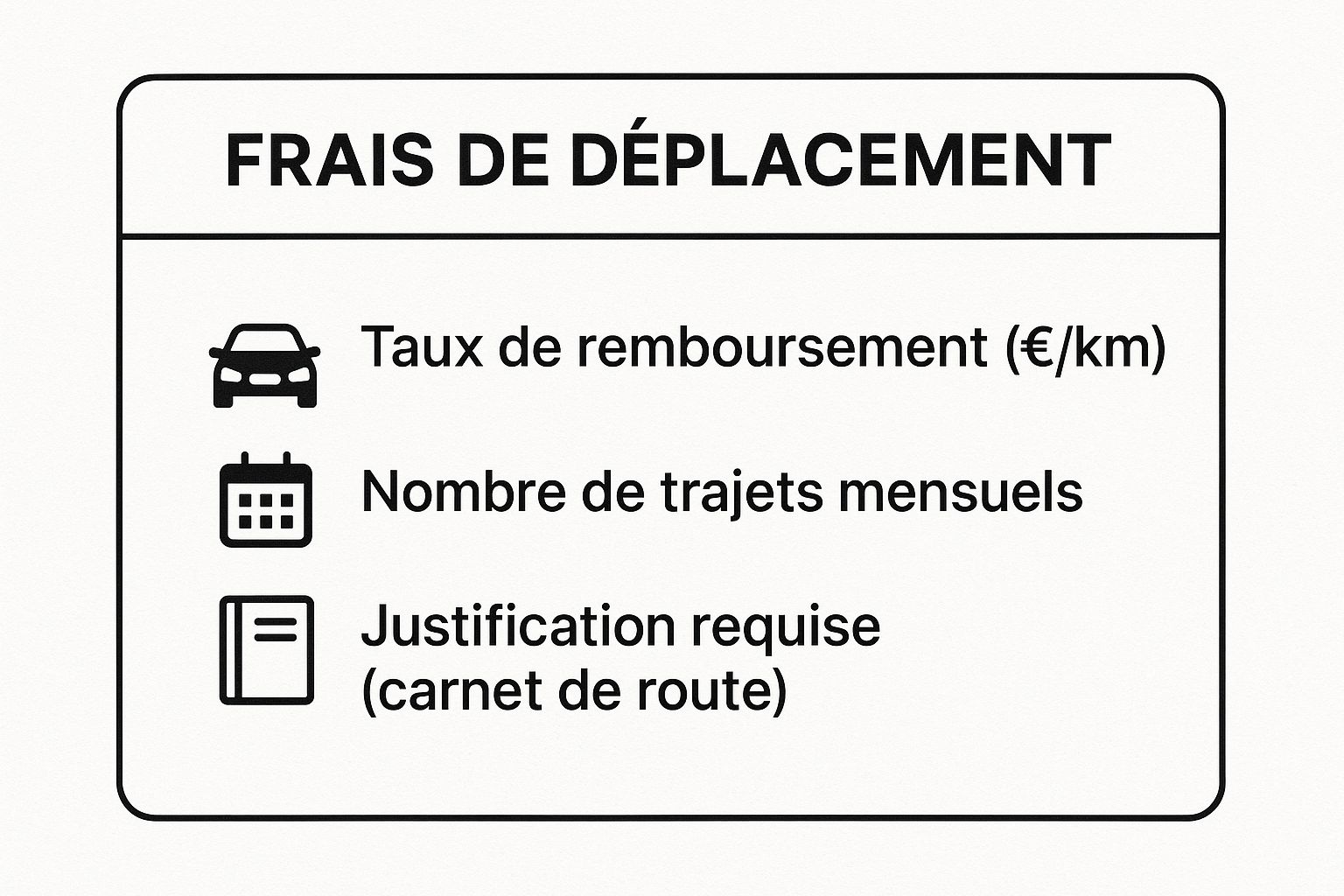 Infographie illustrant les données clés d'une note de frais de transport, incluant le taux de remboursement, le nombre de trajets et la justification requise.