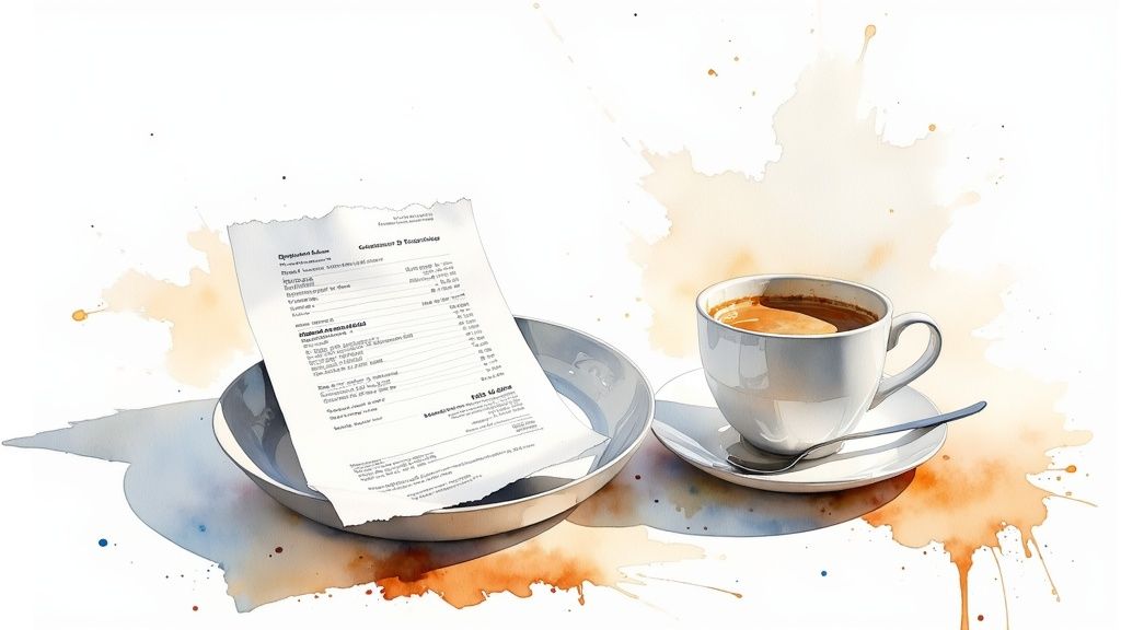 Justificatif de repas d'affaires posé sur une table de restaurant, prêt à être ajouté à une note de frais.
