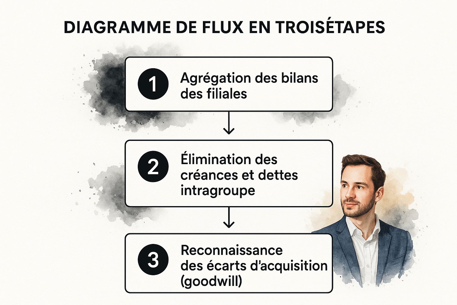 Infographie présentant le processus de consolidation d'un bilan de groupe