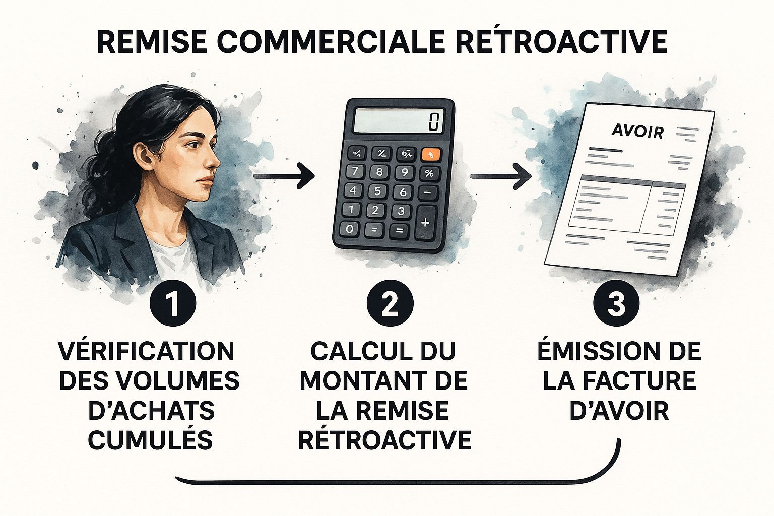 Infographie montrant le processus de création d'une facture d'avoir pour remise commerciale rétroactive