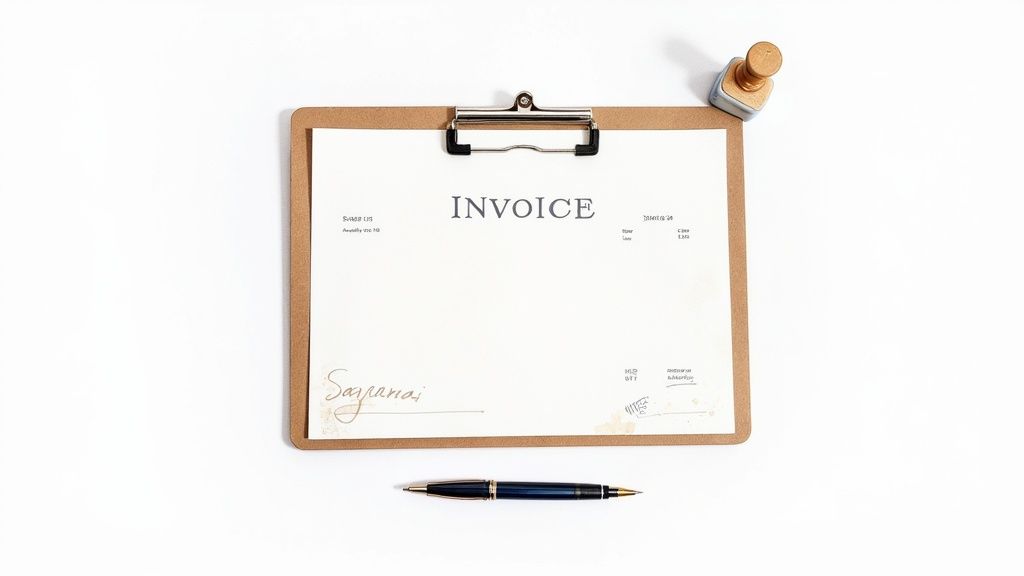 Un entrepreneur examinant des factures sur son bureau pour s'assurer de leur conformité