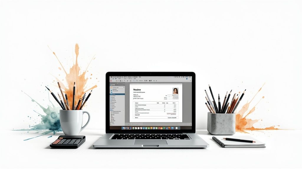 Un entrepreneur examinant des factures sur son bureau pour s'assurer de leur conformité
