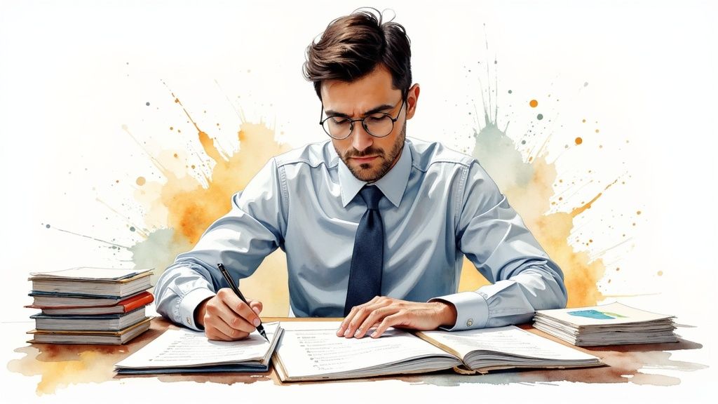 Un bureau avec des reçus et une calculatrice, symbolisant la comptabilisation des notes de frais.