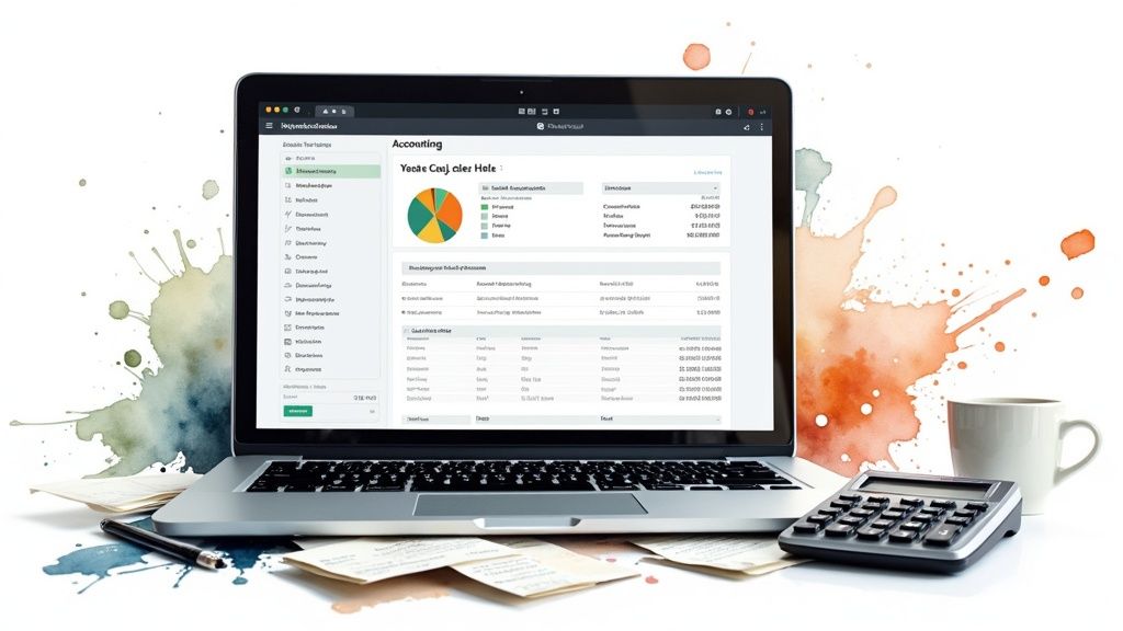 Une calculatrice et des documents comptables sur un bureau, illustrant les écritures pour les notes de frais.