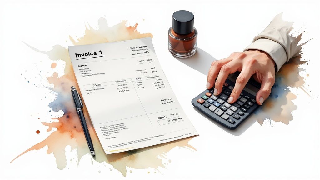 Une personne travaillant sur un ordinateur portable avec des graphiques et des calculs à l'écran, symbolisant la gestion des transactions intracommunautaires.