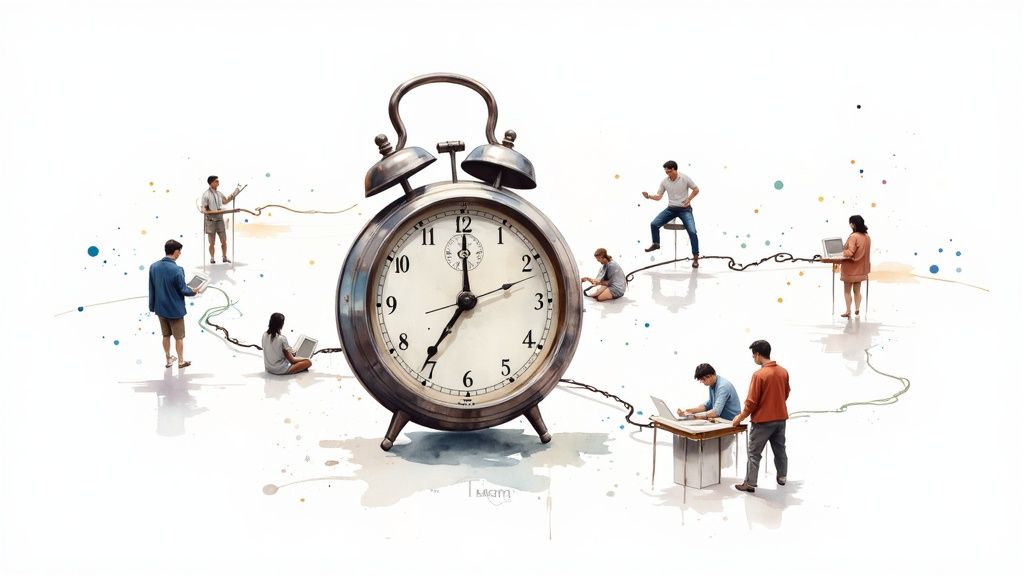 Une horloge se transformant en rouages, illustrant l'automatisation et le gain de temps