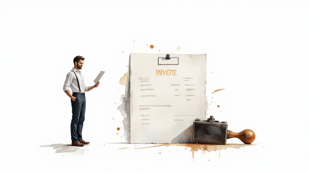 Un auto-entrepreneur examinant une facture sur son ordinateur portable dans un bureau moderne et lumineux