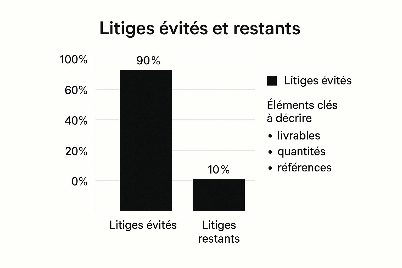 Infographie montrant que la clarté sur les livrables, quantités et références peut éviter 90% des litiges de facturation.