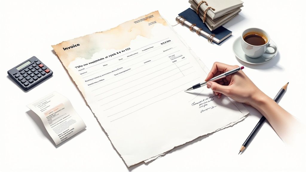Une personne rédigeant une facture sur un ordinateur portable, illustrant la simplicité de la gestion administrative.