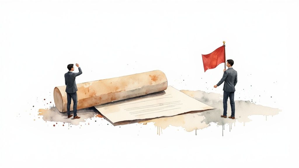 Une personne examinant un contrat avec une loupe, symbolisant la prévention des impayés