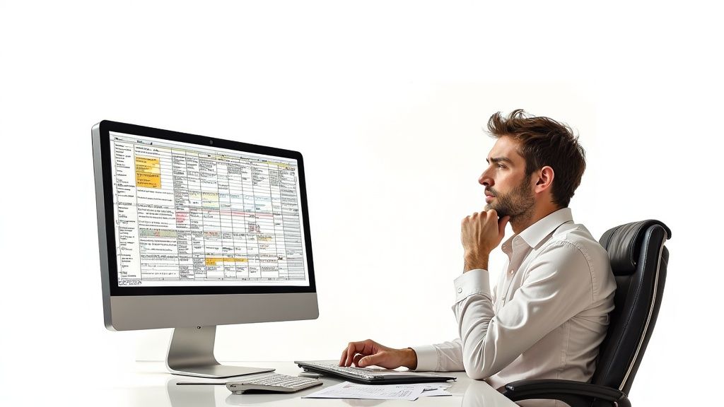 Un auto-entrepreneur souriant utilisant un logiciel de facturation sur son ordinateur portable, avec des graphiques de croissance en arrière-plan.