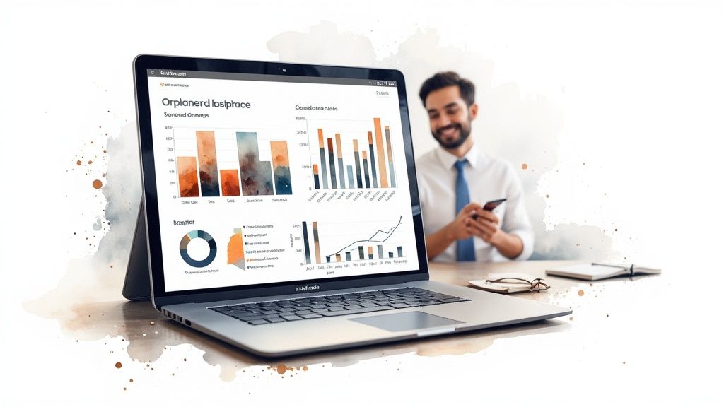 Une femme auto-entrepreneur souriante utilise Bizyness sur son ordinateur portable, avec des graphiques montrant une gestion financière efficace.