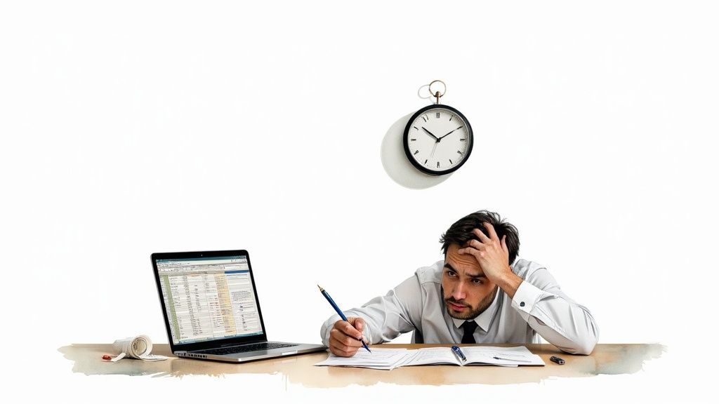 Un employé stressé entouré de reçus et de feuilles de calcul sur son bureau.